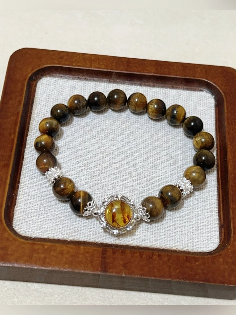 Handmade Flower Amber Charm Handmade Natural Tiger Eye Stone Bead Bracelet 9mm